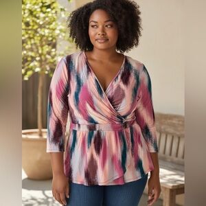 torrid Pink Teal Abstract Wrap Peplum Tunic Top